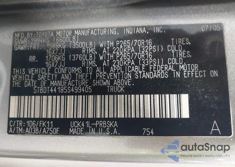 2005 Toyota Tundra Sr5 V8 z USA, uszkodzony, nr VIN 5TBDT44185S499405